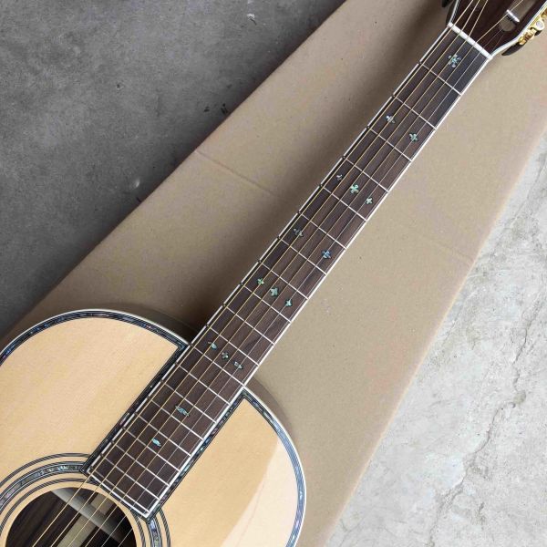OEM custom acoustic guitar OOO body shape Guitar solid Spruce top real abalone binding and ebony fingerboard