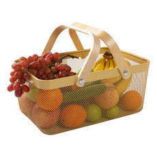 Rectangular Rustproof 750g Metal Wire Fruit Basket With Wood Handle